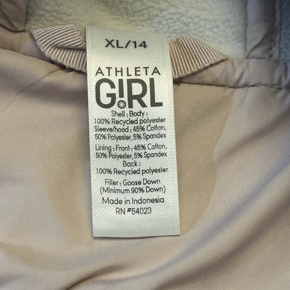 Athleta Girl Hybrid Down Puffer Hoodie Jacket Pink Gray Full Zip Girls XL 14